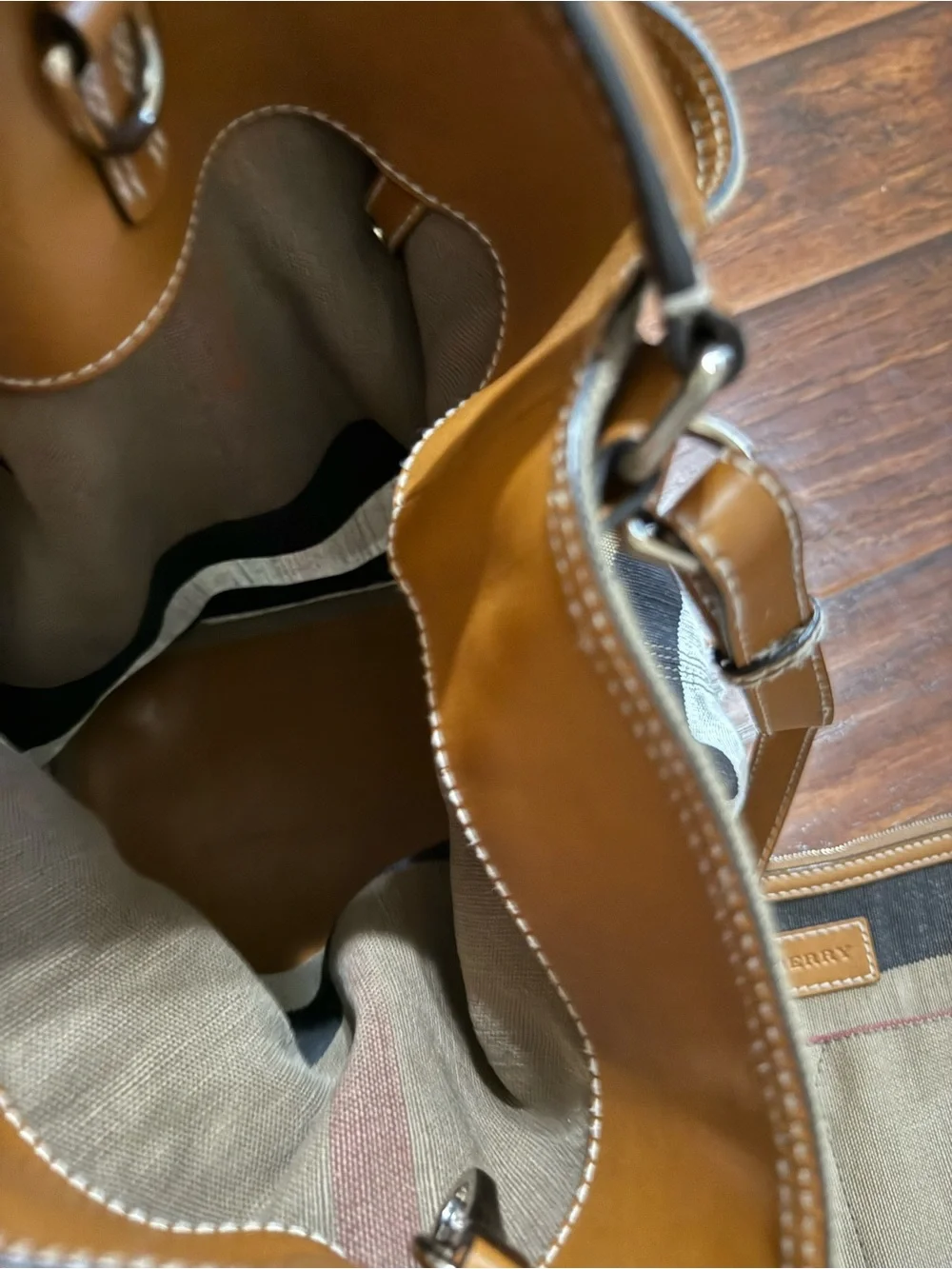 Burberry Brown Leather-Trim Canvas Tote with Red Accent